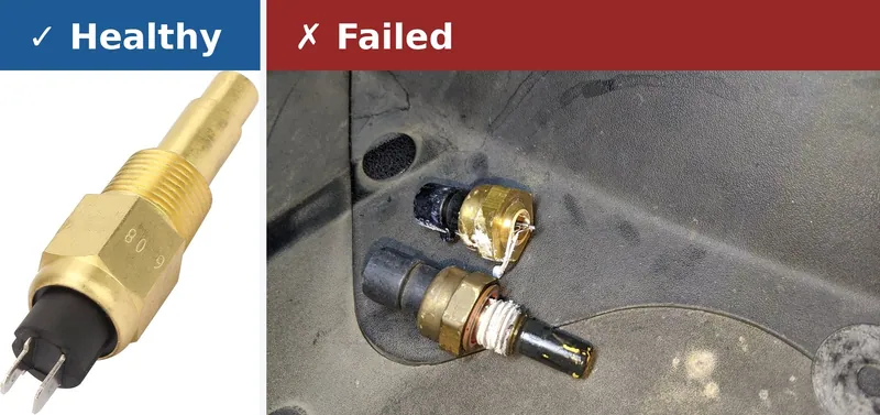 Comparison between a clean new coolant temperature sensor and a failed sensor covered in corrosion and mineral deposits.