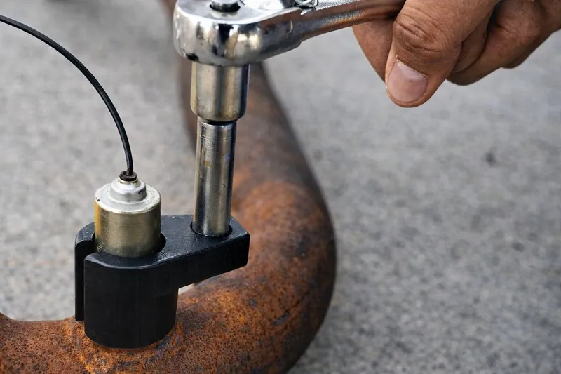 A specialized oxygen sensor socket tool being used on an exhaust pipe.