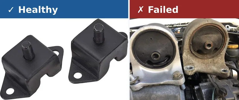 A comparison between a new, solid rubber engine mount and a failed mount with visible cracks and separation in the rubber core.