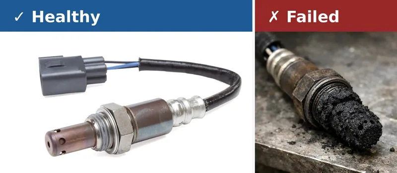 Comparison between a clean, new oxygen sensor and a fouled, failing oxygen sensor with carbon deposits.