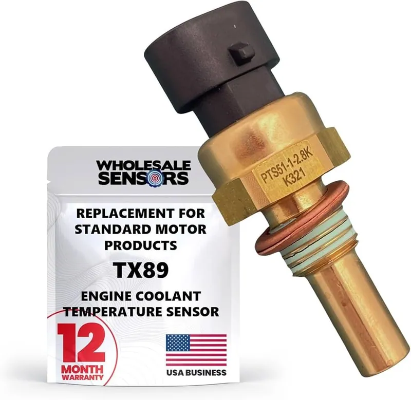 A new aftermarket engine coolant temperature sensor in its retail brand packaging.