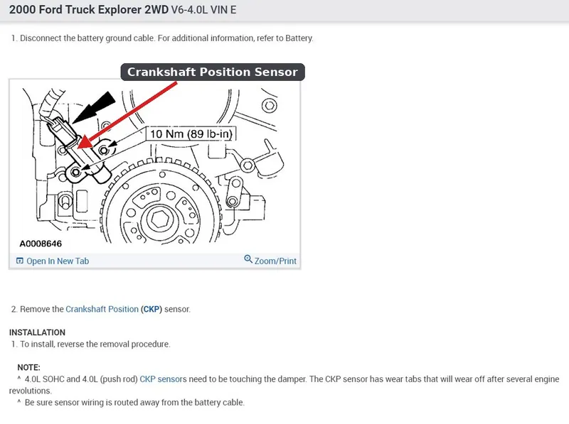 The location of the crankshaft position sensor on a Ford Explorer engine near the main crankshaft pulley.