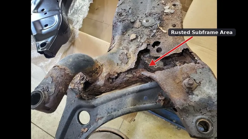 The undercarriage of a Dodge Caliber showing common rust and corrosion on the subframe and exhaust components.