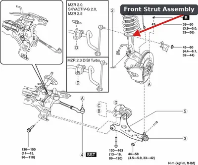 A close-up of the front MacPherson strut assembly on a third-generation Mazda 3.