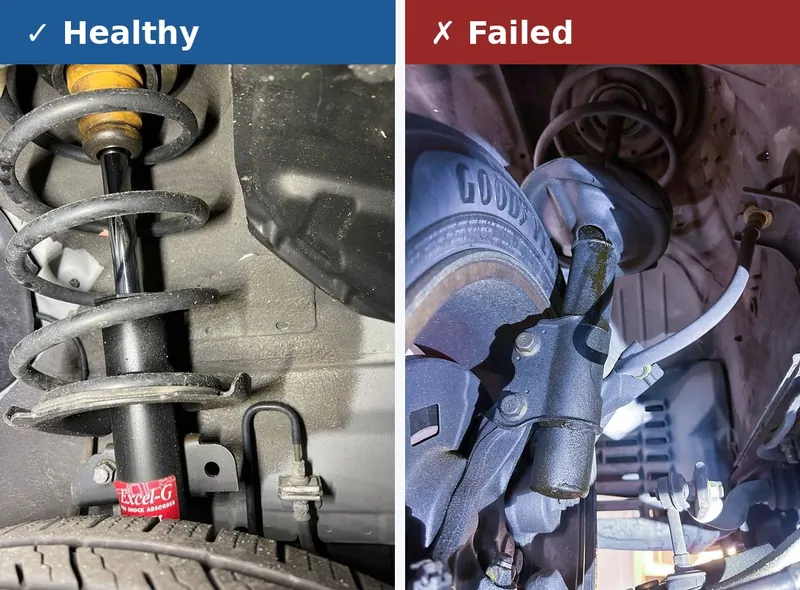 Comparison between a healthy dry shock absorber and a failed shock absorber with visible oil leaks.