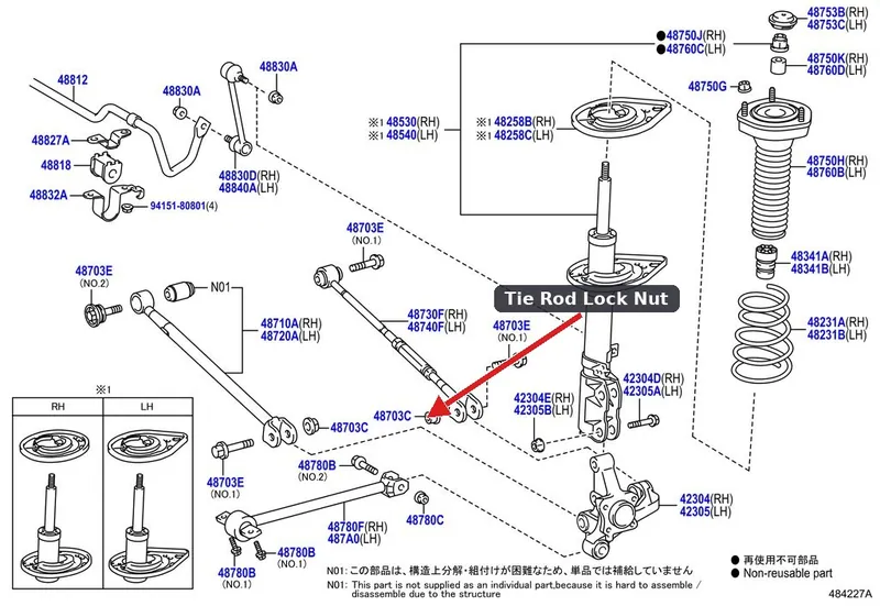 The front suspension of a Lexus ES350 showing the relationship between the stabilizer link and the tie rod assembly.