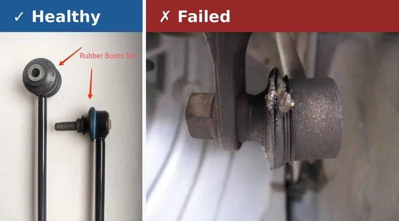 Comparison showing a new stabilizer link with intact rubber boots versus a failed link with a torn boot and leaking grease.