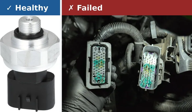 A side-by-side comparison showing a new, clean HVAC pressure transducer versus a failed sensor with visible corrosion and oil leakage.