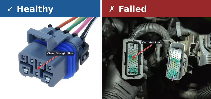 Side-by-side comparison of a clean, undamaged electrical connector on a used shift lever versus a connector with bent and corroded pins.