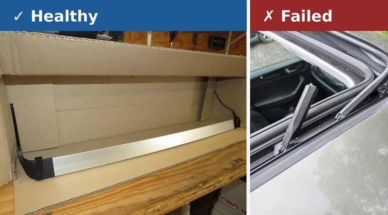 Side-by-side comparison of an intact front sunroof wind deflector arm and a broken plastic wind deflector arm that jams the track.